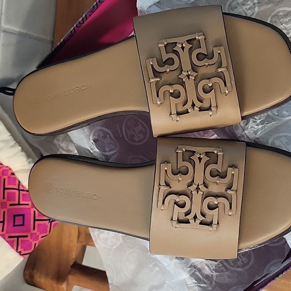 Tory Burch Ines Leather Tan Slide Sandals